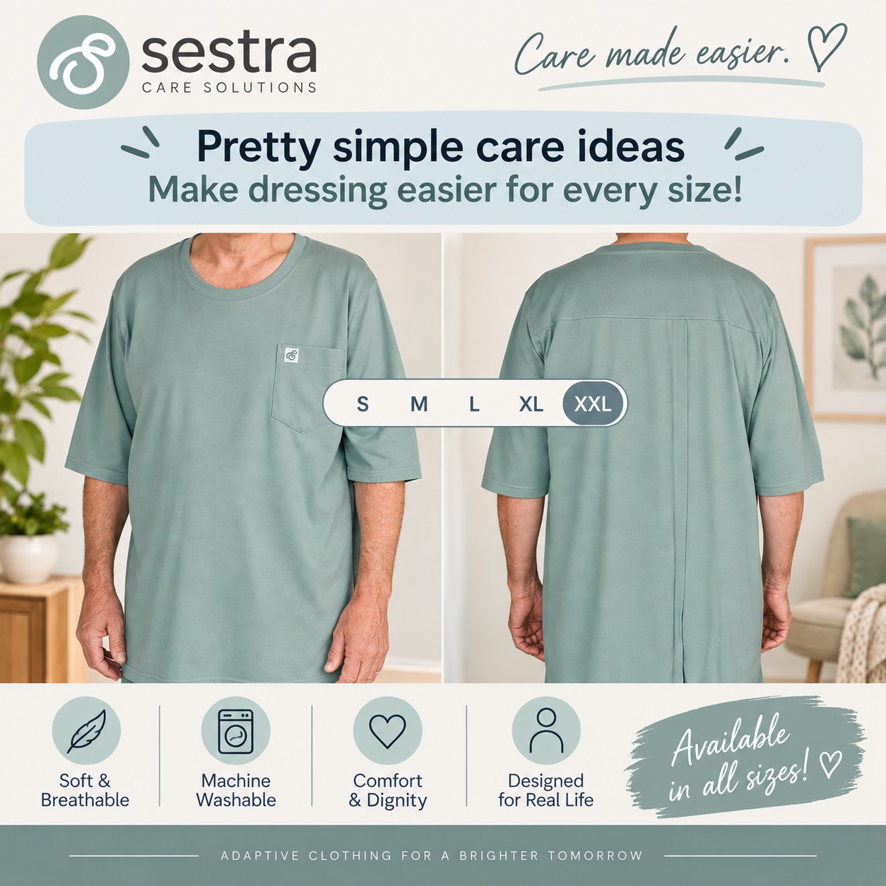 Adaptive clothing open back round long t-shirt with 3/4 sleeve for men sea green - Rudi - Image 4