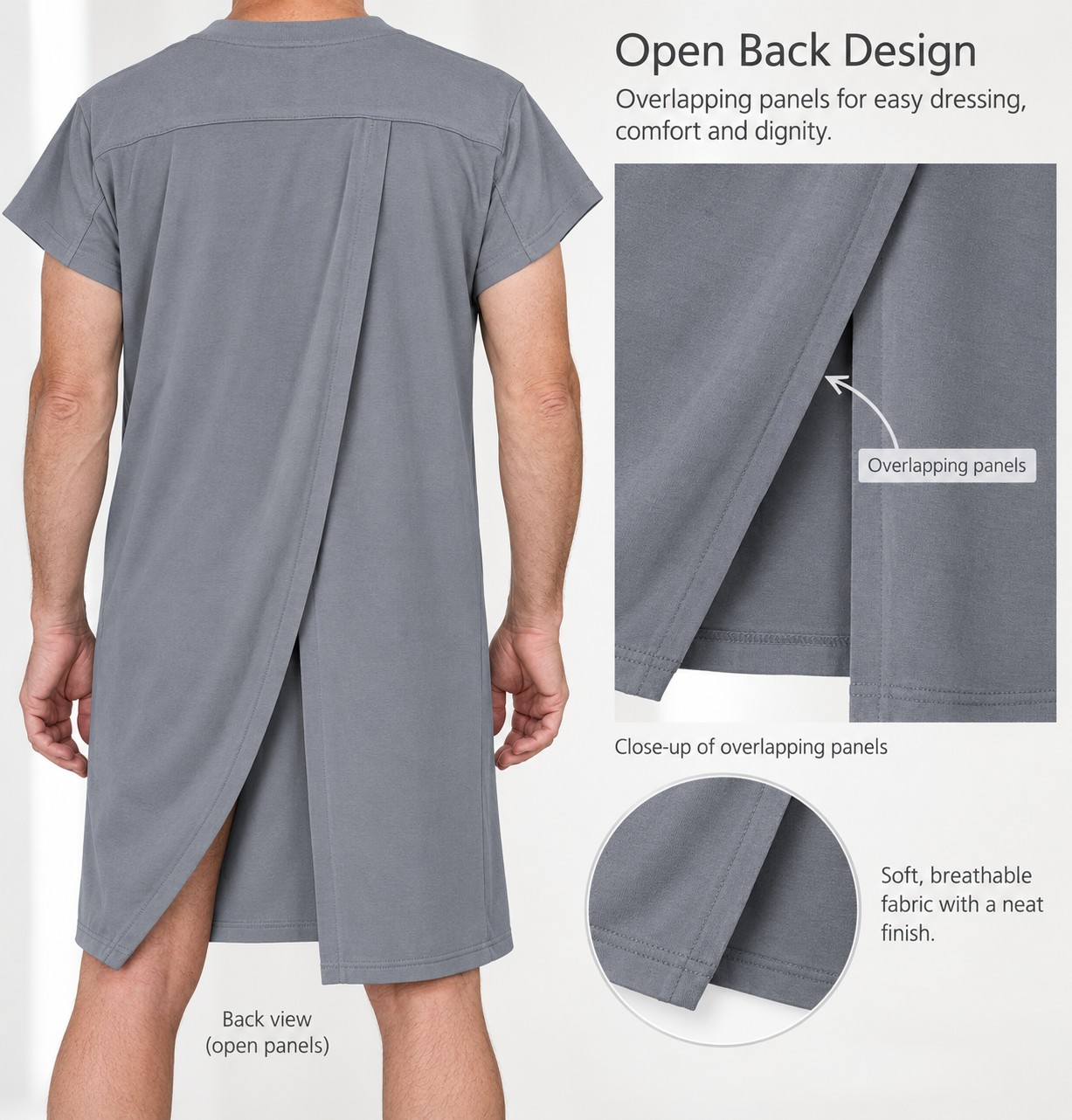 Adaptive clothing open back round neck long t-shirt with cap sleeve for men steel grey - Alex - Image 3