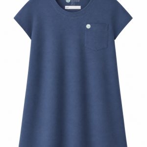 Pigeon Blue women's cap-sleeve adaptive care shirt with round neckline, chest pocket and Sestra Care logo.