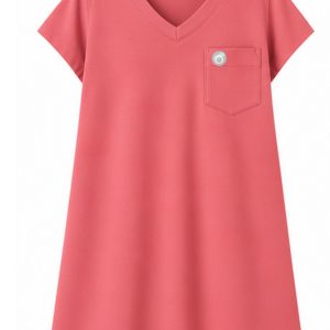 Coral pink adaptive care shirt with V-neck, short sleeves and chest pocket.