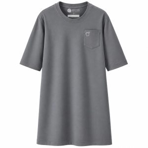 Front view of the Sestra Care men's steel grey 3/4-sleeve adaptive shirt with a round neckline and chest pocket.