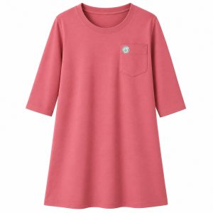 Dusty Pink 3/4-sleeved adaptive care shirt with round neckline and Sestra Care logo on the chest pocket.