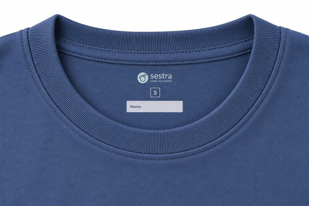 Inside neckline of the Pigeon Blue care shirt showing Sestra Care Solutions branding, size marking and name label.