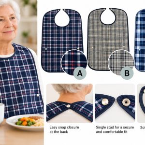 Sestra Care adult clothing protector - bib features, including three check designs, rear snap closure, soft backing and waterproof surface.