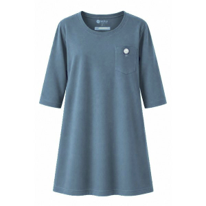 Pigeon Blue women's 3/4-sleeved adaptive care shirt with round neckline and circular Sestra Care logo on the chest pocket.