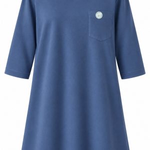 Pigeon Blue women's 3/4-sleeved adaptive care shirt with round neckline and circular Sestra Care logo on the chest pocket.