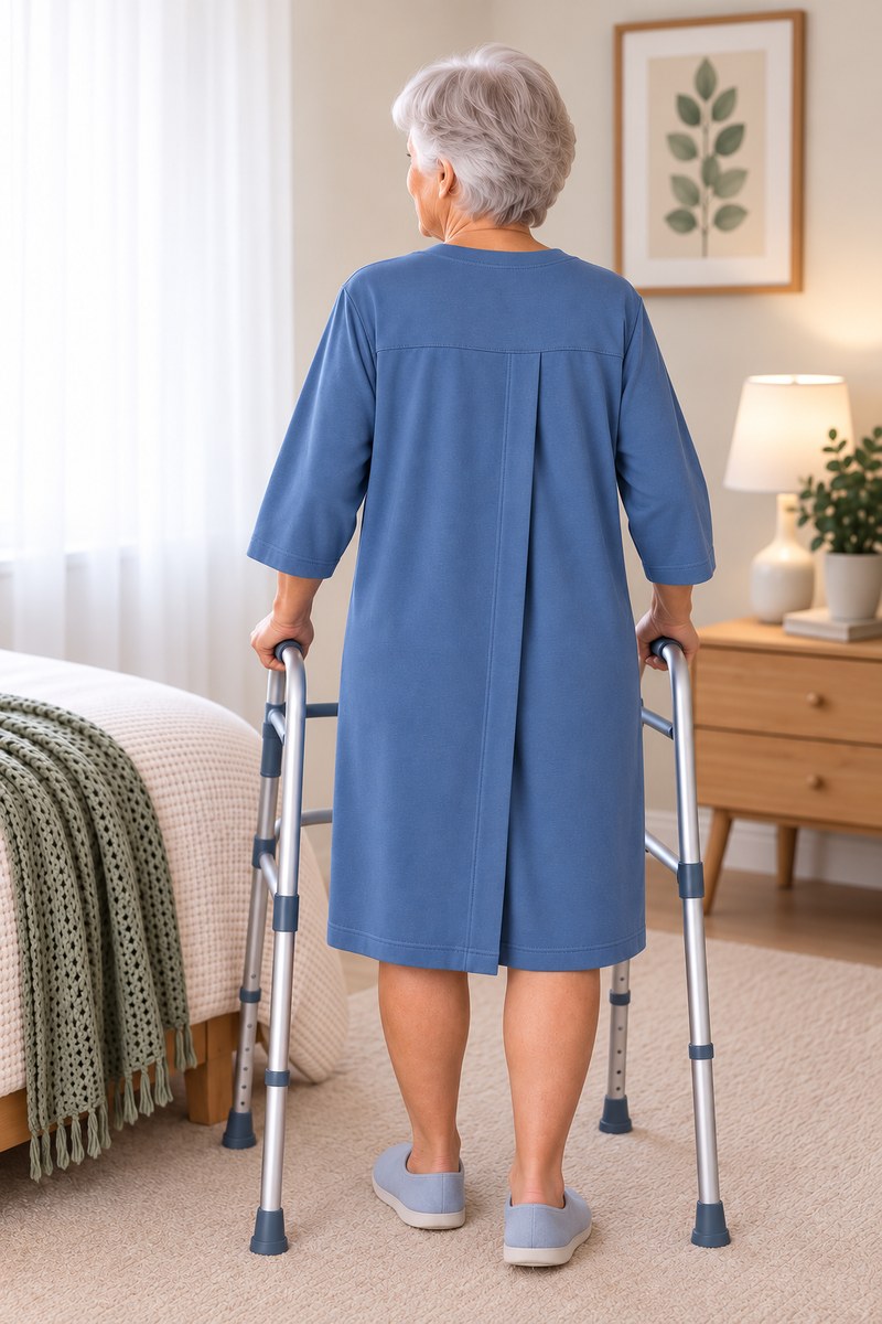 Woman standing with a walking frame, viewed from behind, wearing the Pigeon Blue long-sleeved open back care shirt.